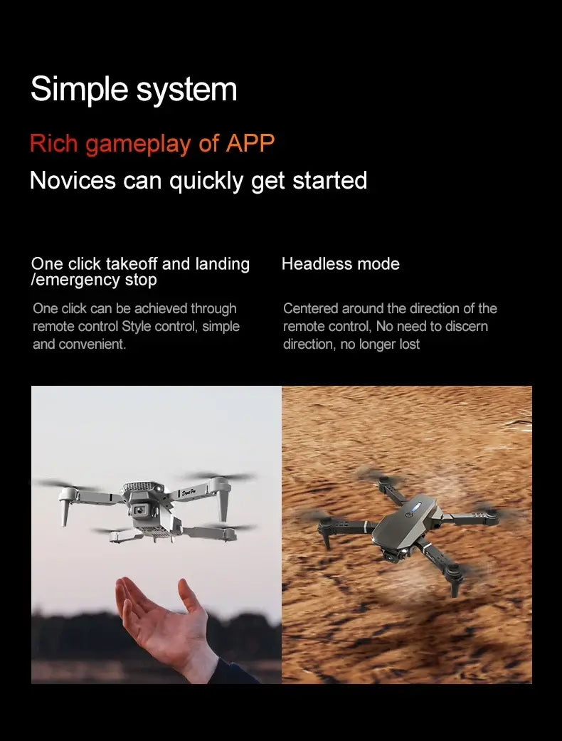 New E88 RC Drone features simple system for easy takeoff, landing, headless mode, and rich app gameplay for novices.