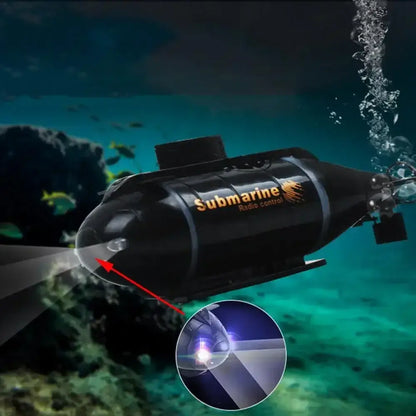 RC Submarine Dual Motor mini speedboat submerging underwater with remote control features and bright headlights.