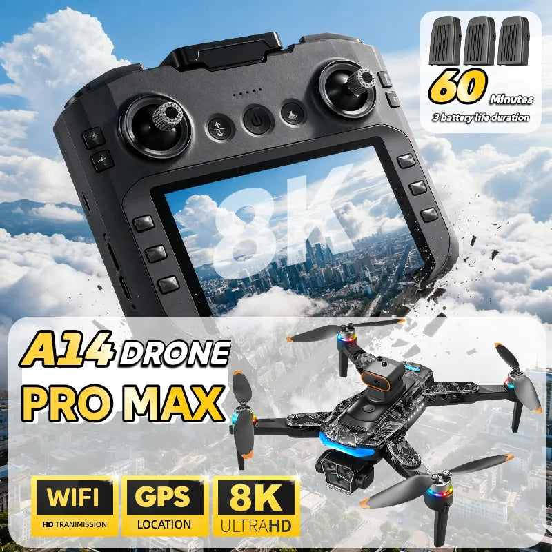 A14 Pro Max GPS drone with 8K video capture, GPS location, HD transmission, and 60 minutes battery life.