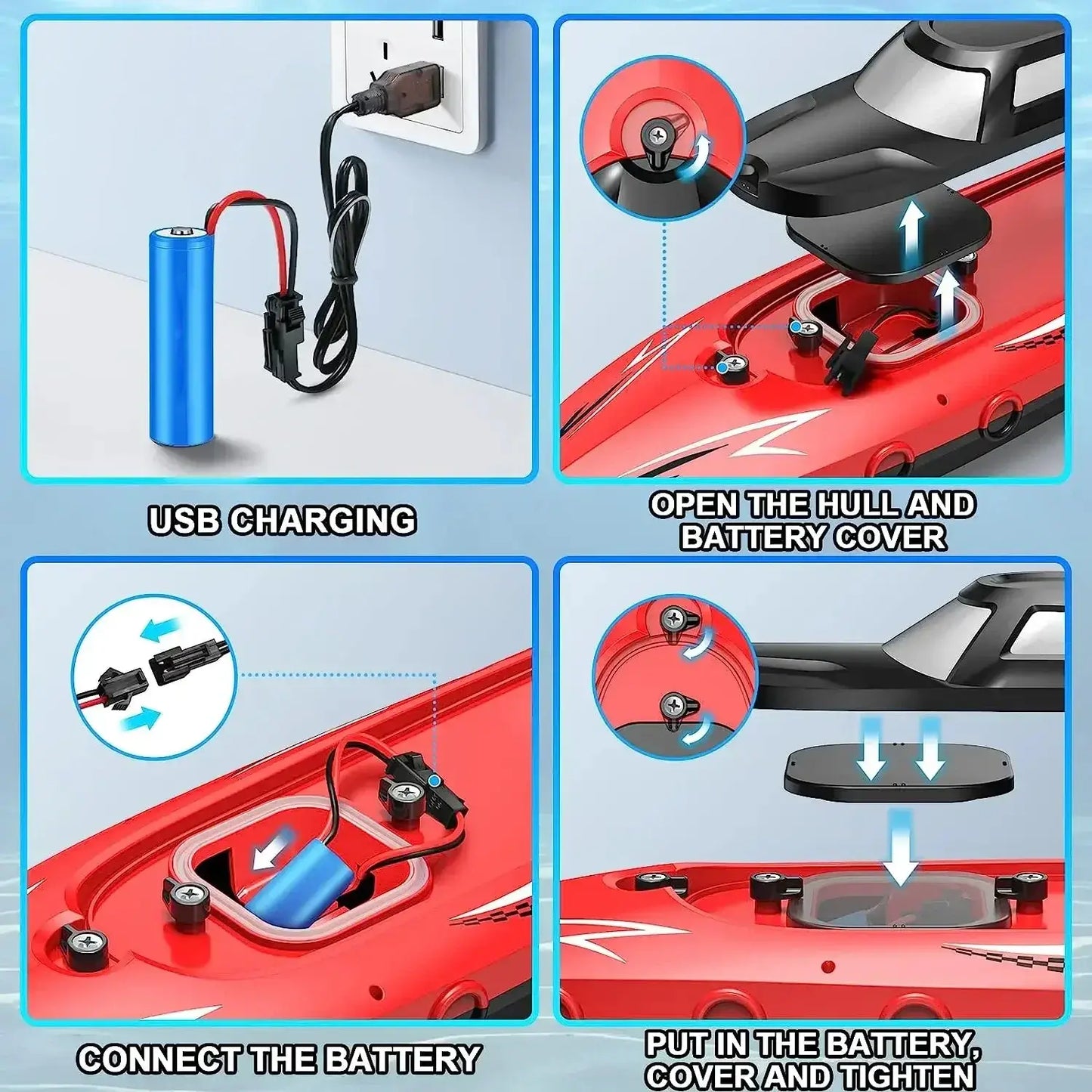 Steps to charge and connect the battery for the RC Battery Boat ship showcasing USB charging and battery installation.