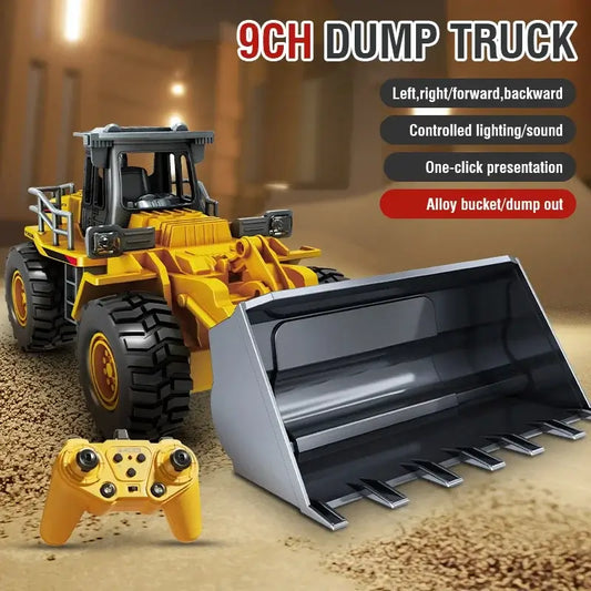 Excavator Bulldozer Dump Truck remote control 9CH dump truck with alloy bucket and controller on a construction site.