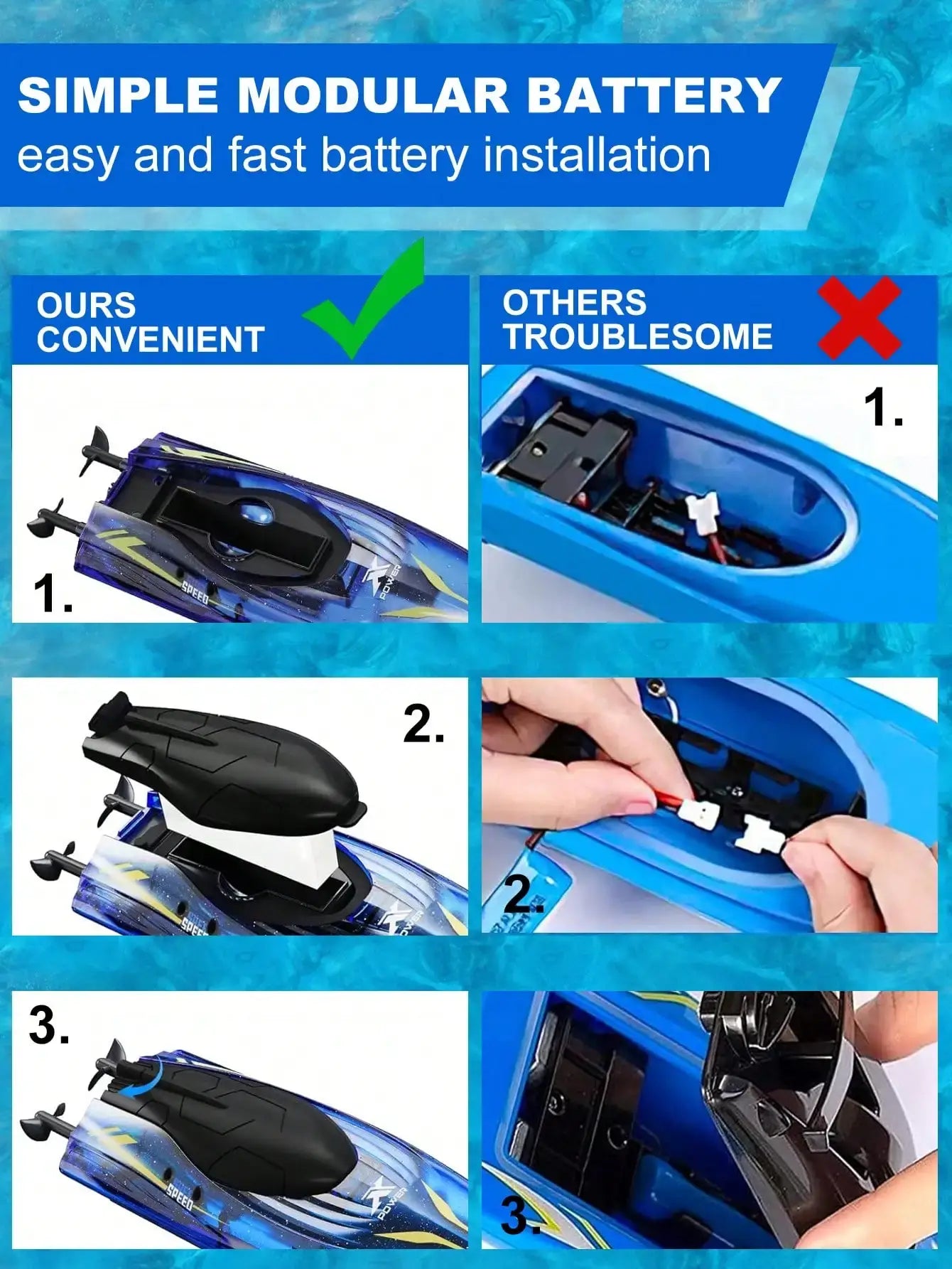 Image demonstrating simple modular battery installation for RC Racing Boat 2.4GHz LED Lights, showcasing ease of use.