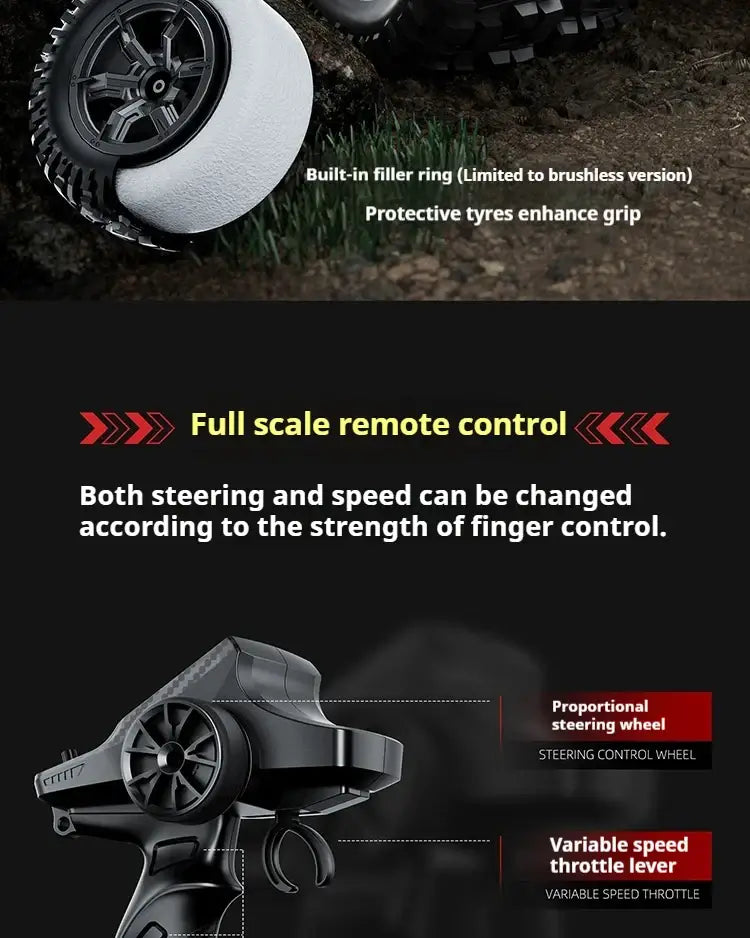 High-speed 4WD RC truck remote control with proportional steering wheel and variable speed throttle lever.