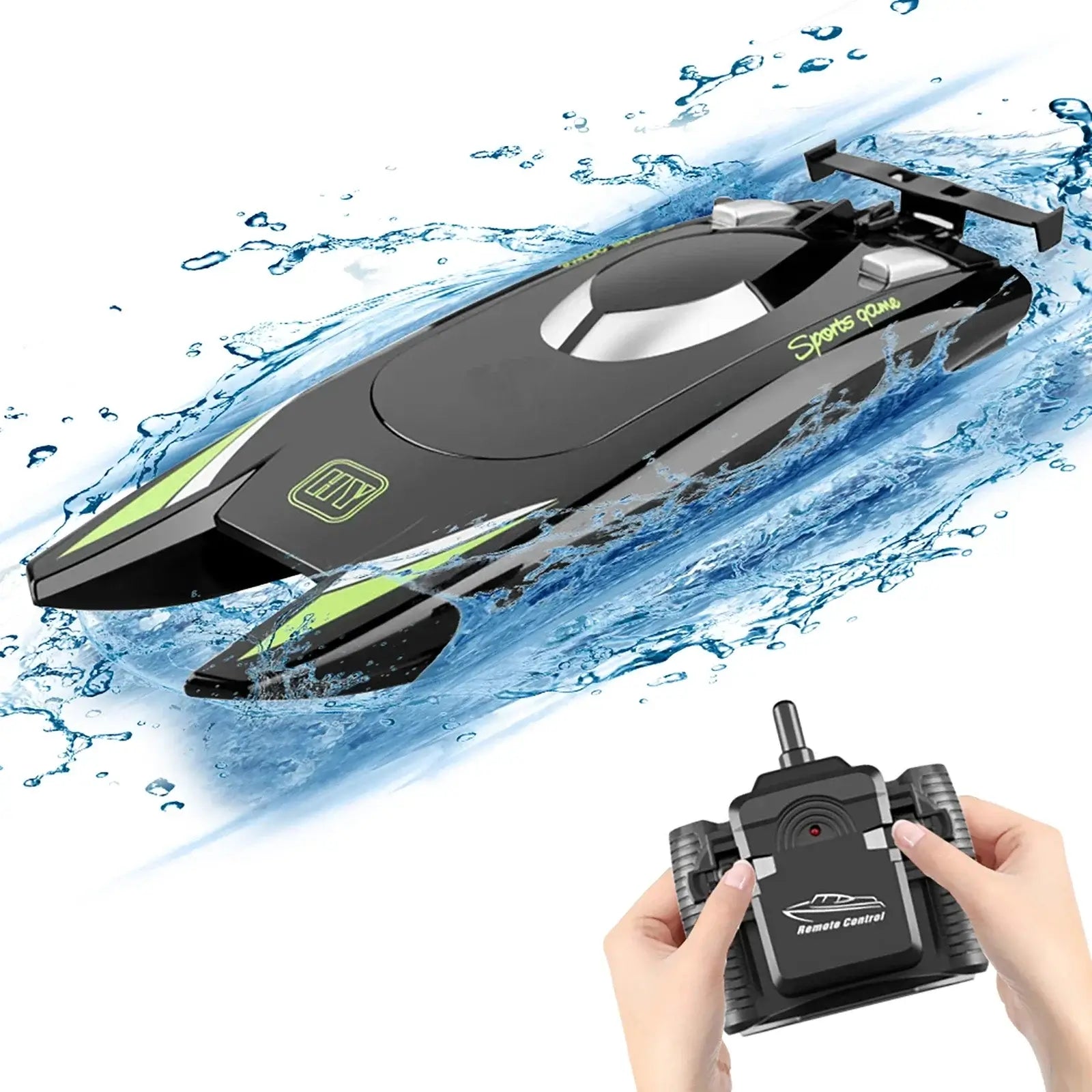 RC Boat 2.4Ghz 25kmh zooming across water with remote control in hand, perfect for racing adventures.