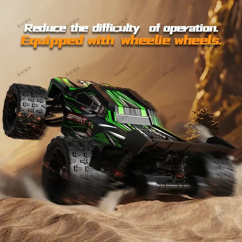 PRO 85KMH High Speed RC Car performing a wheelie on a sandy terrain, showcasing its brushless 4WD capability.