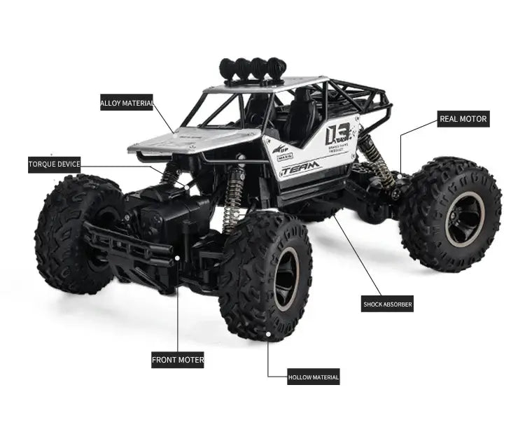 RC Car Remote Control Climbing Vehicle highlighting alloy material, real motor, shock absorber, and front motor features.