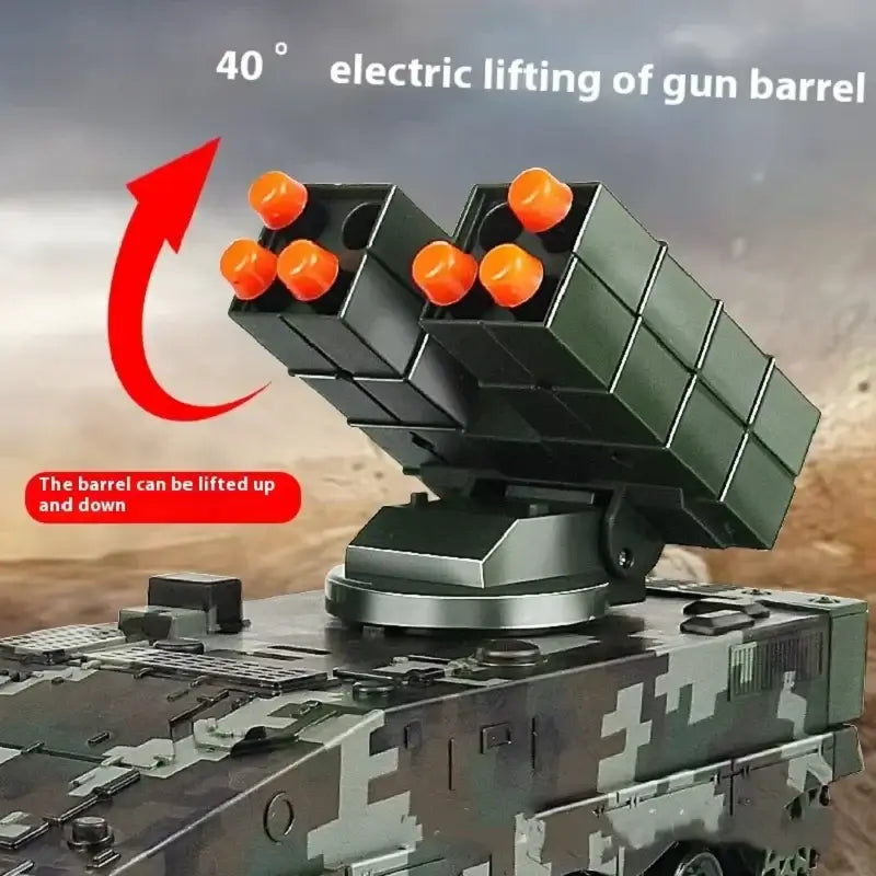 Simulation Military Missile remote control vehicle with 40° electric lifting gun barrel feature.