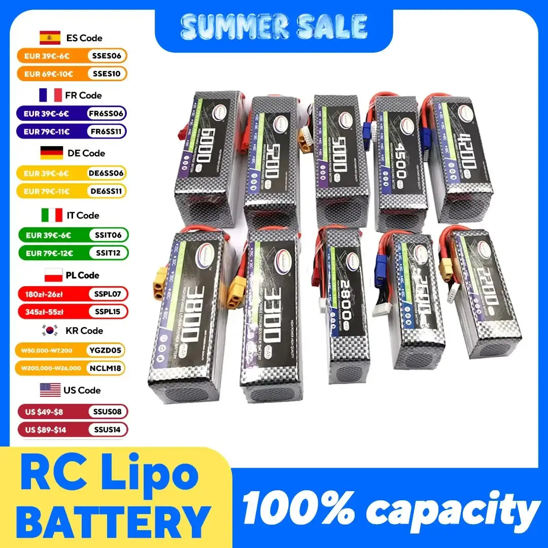 RC Lipo Battery collection featuring 100% capacity, ideal for various RC applications like drones and cars.