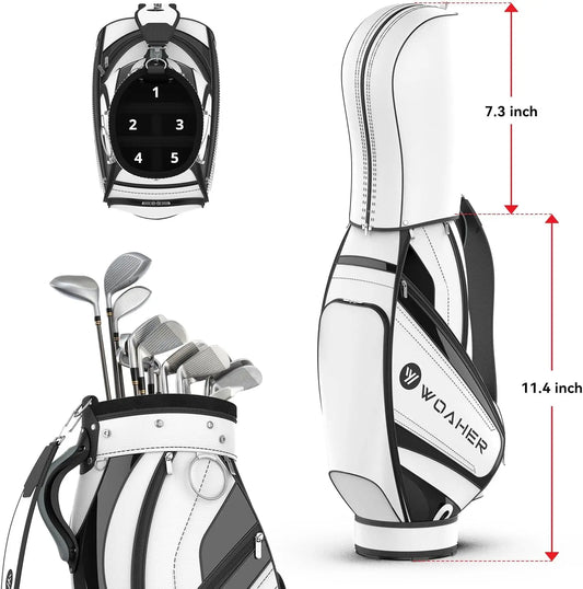 Golf Bag Multi-Function Waterproof showing dimensions and golf clubs inside with a sleek design.