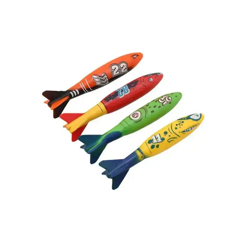 Colorful underwater throwing toy for kids, featuring torpedo-shaped designs in orange, green, and blue.