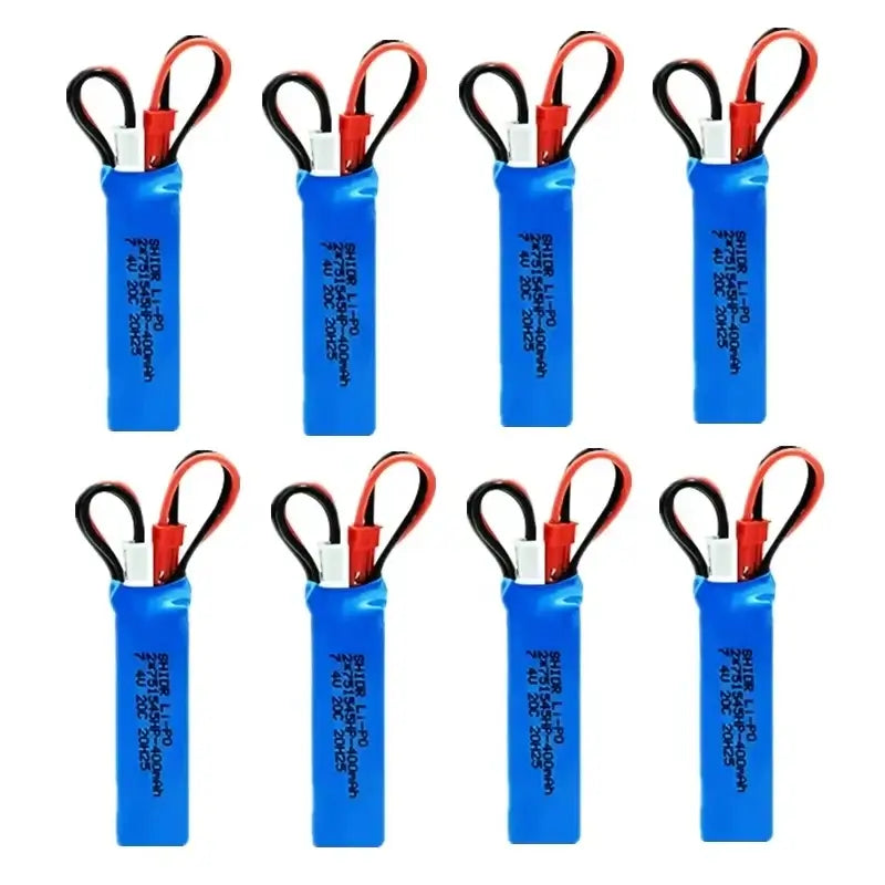 RC Car Battery 7.4V 400mAh pack with JST plug for remote control vehicles.