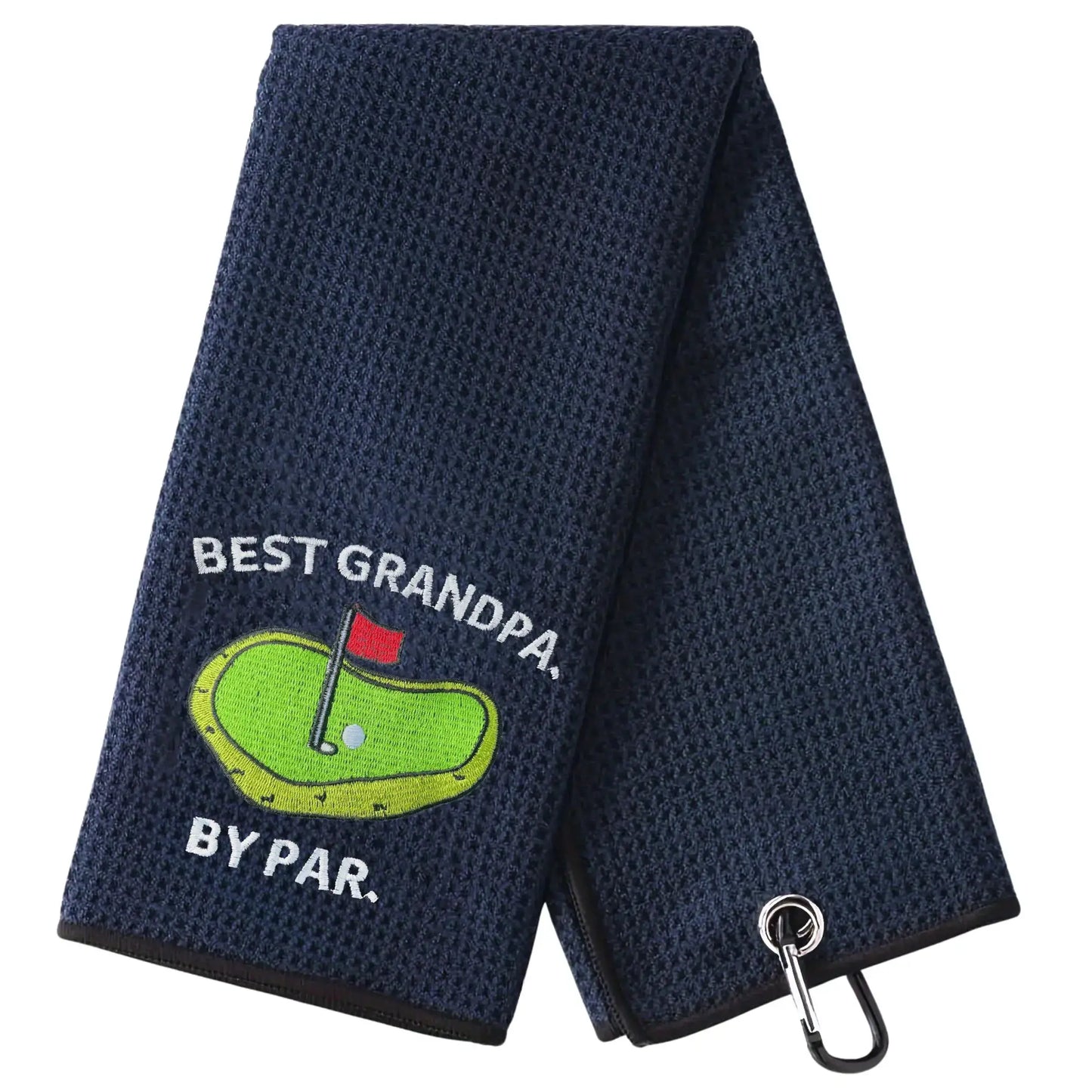 Microfiber Premium Golf Towel, Embroidered Golf Towels with 'Best Grandpa By Par' design, featuring a golf green graphic.