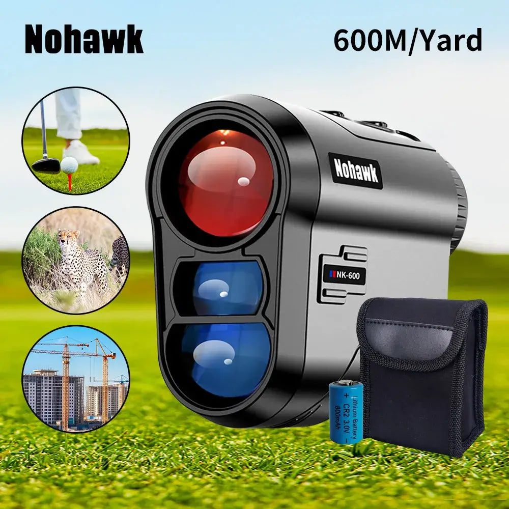 golf laser rangefinder with slope distance, Nohawk model, measures up to 600 yards, includes battery and case