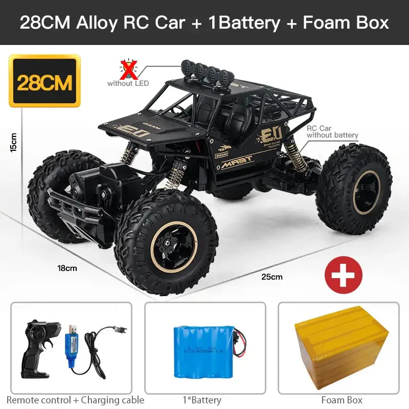 RC Car With Led Lights ZWN 1:12 1:16 4WD features black alloy design, 28CM size, and includes remote control and battery.