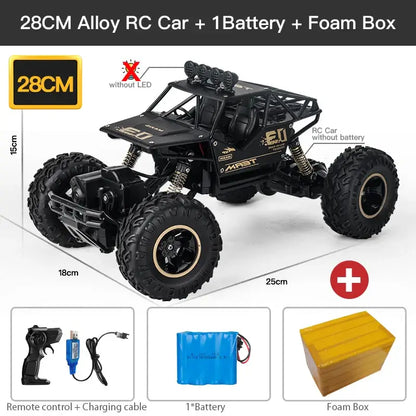 RC Car With Led Lights ZWN 1:12 1:16 4WD features black alloy design, 28CM size, and includes remote control and battery.