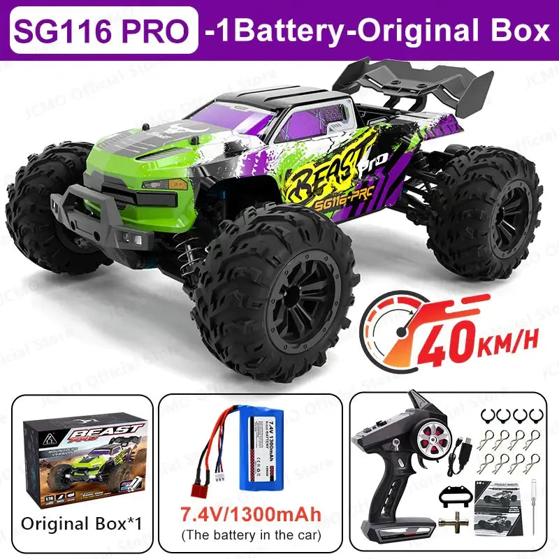 High speed remote control car SG116 PRO with battery, original box, and accessories for speeds up to 40KM/H.