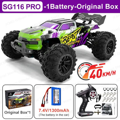 High speed remote control car SG116 PRO with battery, original box, and accessories for speeds up to 40KM/H.