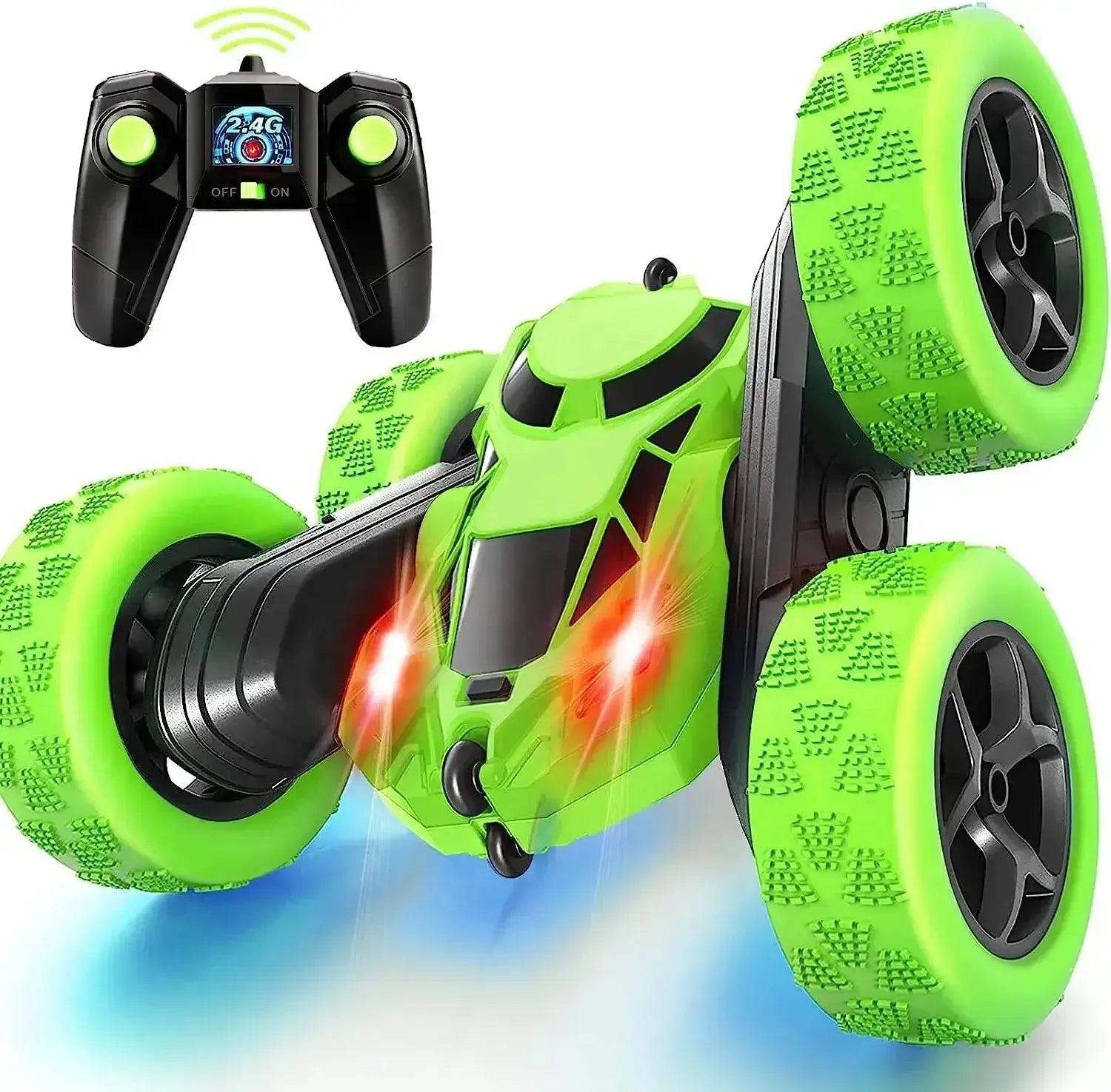 RC Stunt Car Children Double Sided with glowing wheels and controller, ideal for thrilling remote control fun.