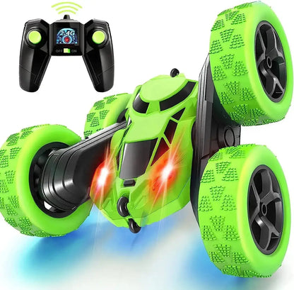 RC Stunt Car Children Double Sided with glowing wheels and controller, ideal for thrilling remote control fun.