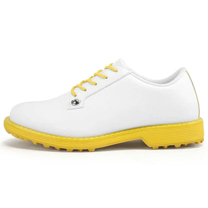 women's leather golf shoes in white with yellow sole for comfortable golfer footwear on the course