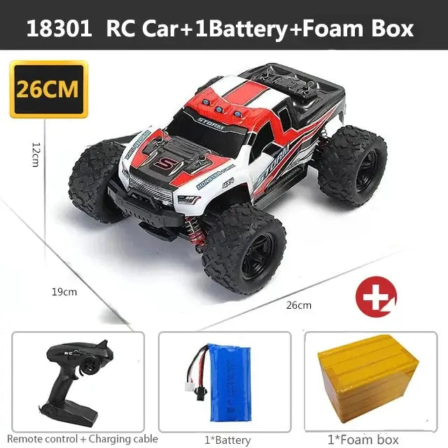 Remote Control Car - All-Terrain 18301 model with remote, battery, and foam box for all-terrain races.