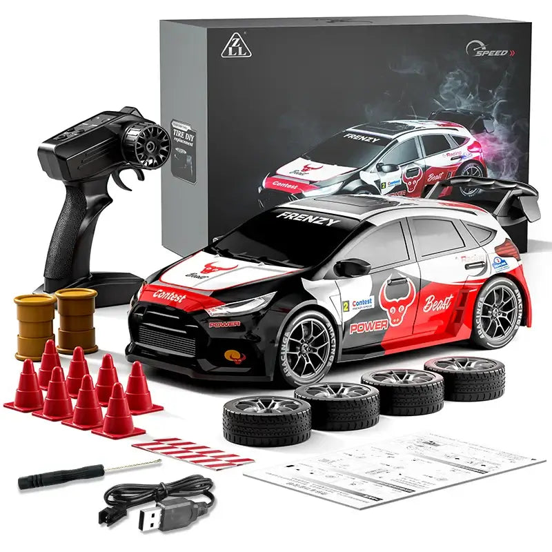 Drifting Racing RC Car with remote control, racing cones, extra tires, and USB charging cable, perfect for thrilling stunts.