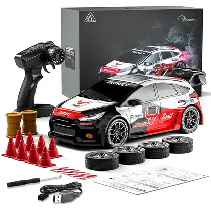 Drifting Racing RC Car with remote control, racing cones, extra tires, and USB charging cable, perfect for thrilling stunts.