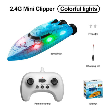 RC Boats Mini remote control boat featuring colorful lights and sleek design with controller and gift box.