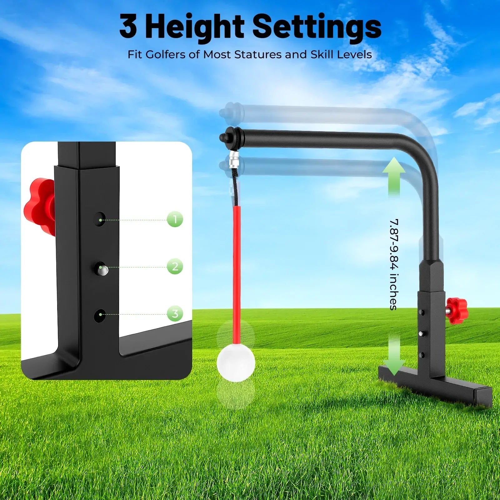 Golf Swing Trainer with adjustable height settings, suitable for all golfers, featuring a golf ball for practice.