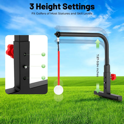 Golf Swing Trainer with adjustable height settings, suitable for all golfers, featuring a golf ball for practice.