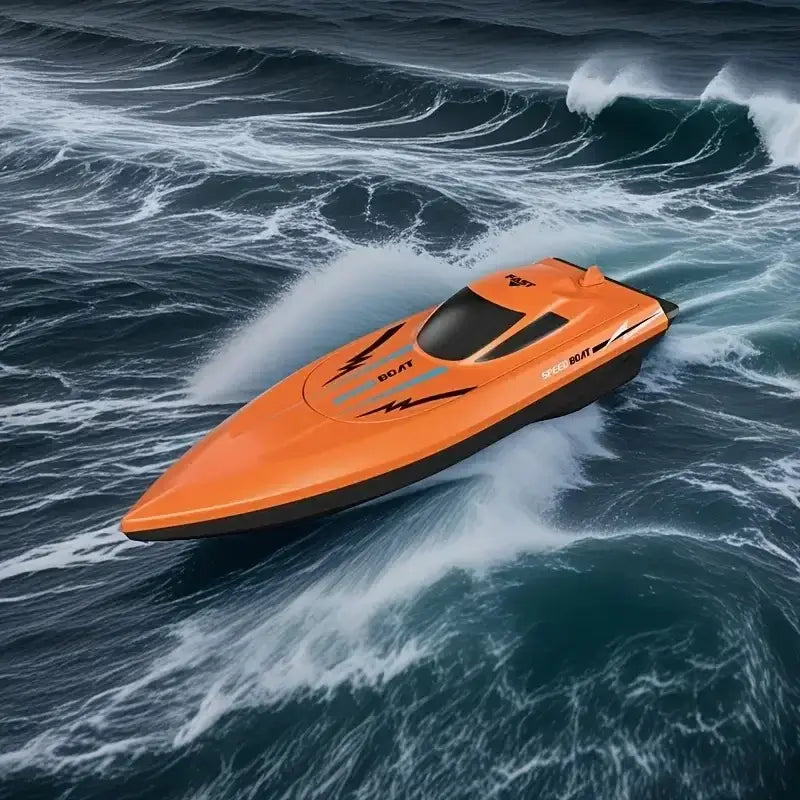 dual propeller remote control speedboat racing through waves on water.