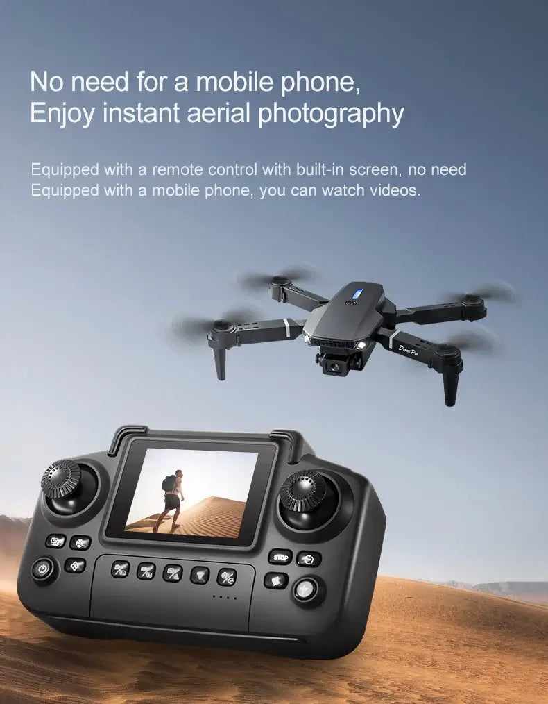 New E88 RC Drone flying with remote control for instant aerial photography in stunning landscapes.