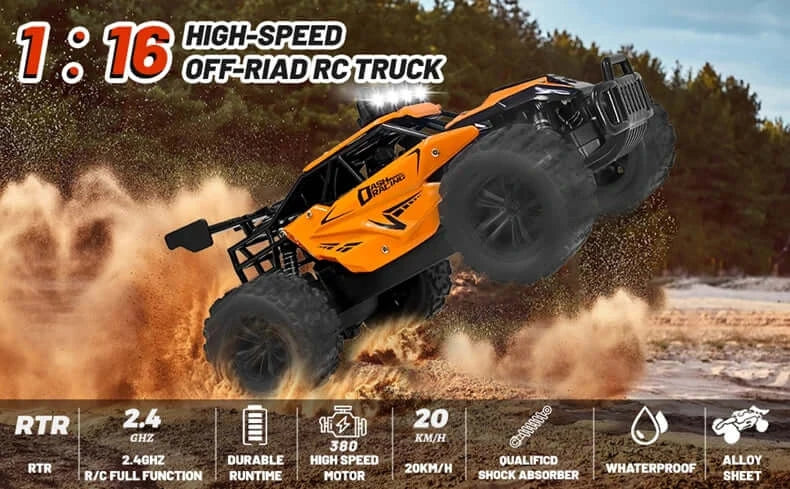 1:16 RC Car Remote Control Car performing off-road stunt with high-speed orange design.