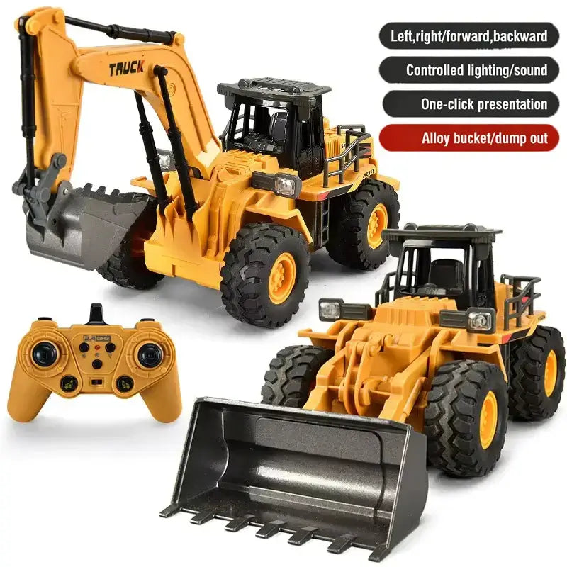 Excavator Bulldozer Dump Truck Remote Control toy with controller and alloy bucket, showcased in vibrant yellow color.