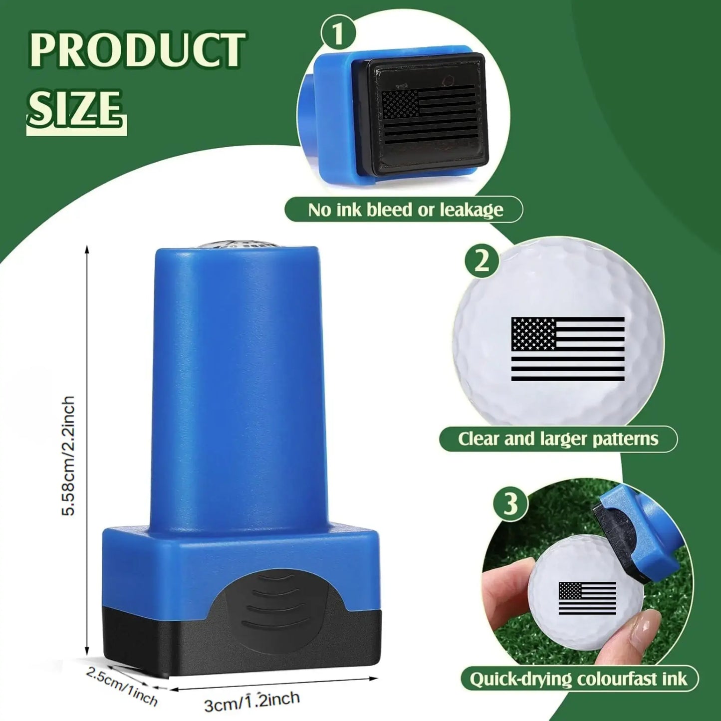 Funny golf ball marker stamp showing product size and features with clear patterns and no ink bleed.