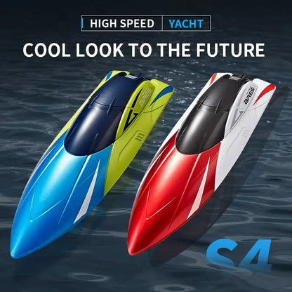 High-speed waterproof remote control boat in blue and red colors on water surface.