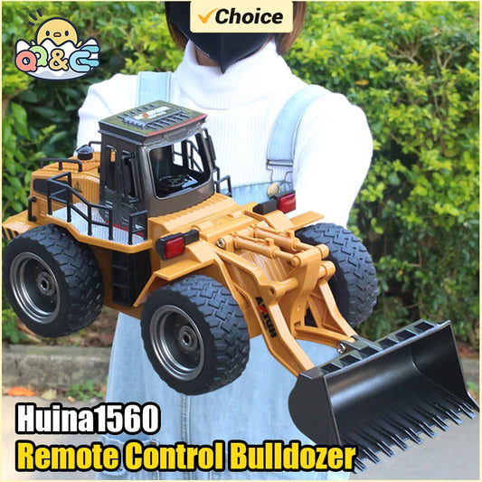 HUINA 1560 RC bulldozer held by a user, showcasing its detailed design and remote control features.