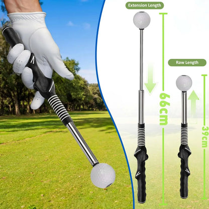Retractable Golf Swing Trainer with Click Feedback Anti-Slip in use, showcasing extension and raw length features.