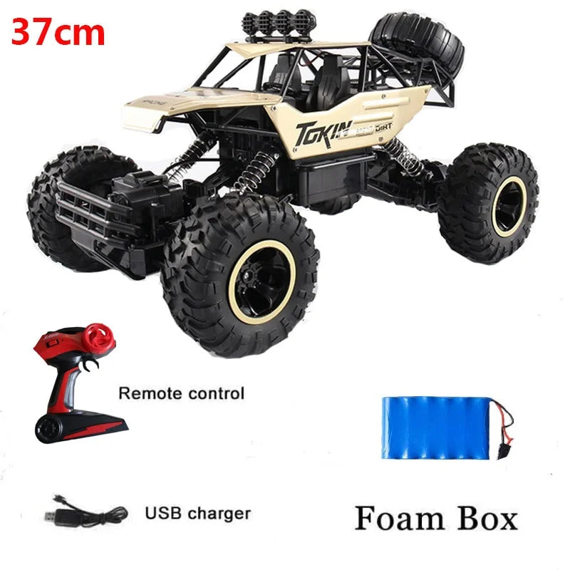 Remote control cars with LED lights, 37cm 4WD RC car, USB charger, and remote control included.