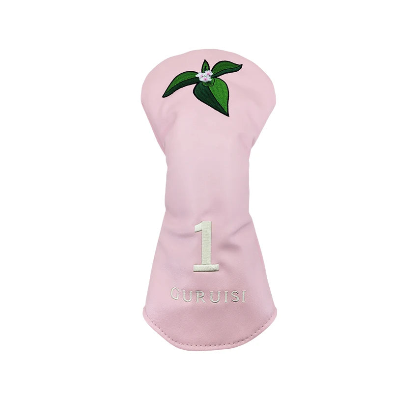 flower embroidery golf club head covers for driver with flower design and number 1 on pink fabric