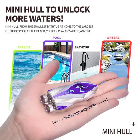 Mini Rc Boat Stunt 360 Degree model shown in hand, next to images of different water settings like pool and seaside.
