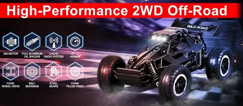 High-Performance 2WD Off-Road 116 RC Car Remote Control Car with features like aluminum oil shocks and foam tires.