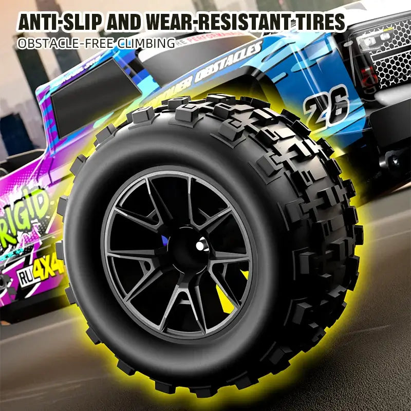 RC Car 90KMH High Speed Brushless Four-Wheel Drive tire featuring anti-slip and wear-resistant design for obstacle-free climbing.