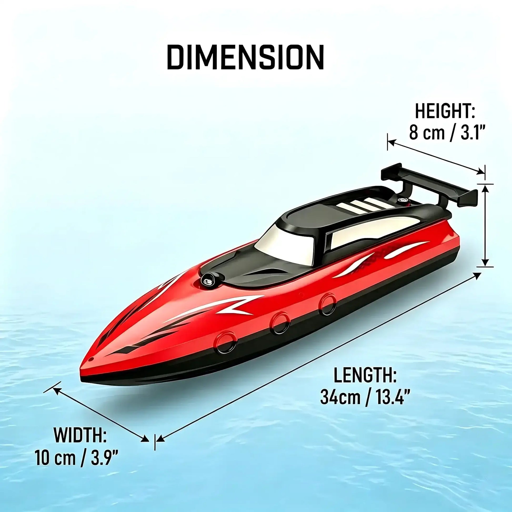 High speed RC speed boat dimensions showing height 8 cm, length 34 cm, width 10 cm on a water background.