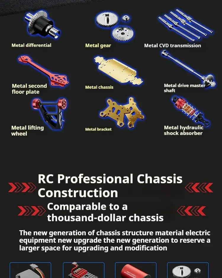 High-speed 4WD RC truck metal components, showcasing quality parts for durability and performance.