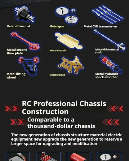 High-speed 4WD RC truck metal components, showcasing quality parts for durability and performance.
