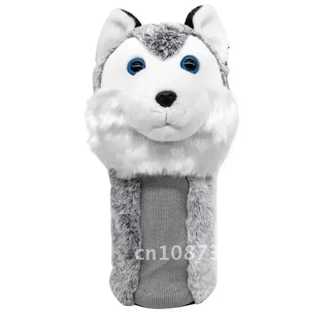 Cartoon Animal Golfing Club Cover featuring a fluffy wolf design in gray and white plush material.
