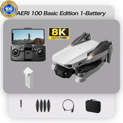 Aeri100 VR New Drone with controller, 8K Ultra HD camera, and accessories in a flat lay arrangement.