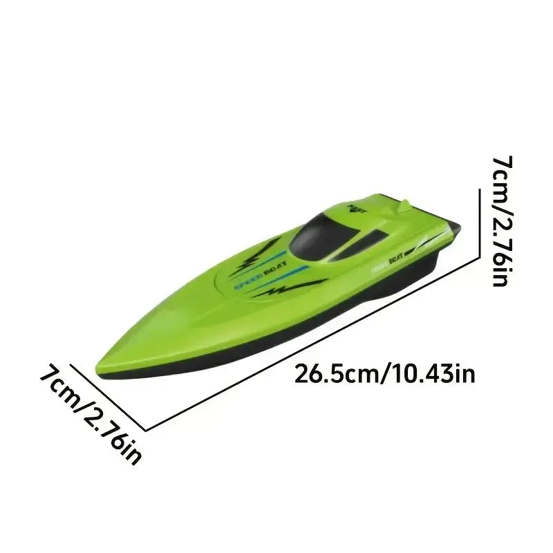 Image of a green dual propeller remote control speedboat showcasing dimensions of 26.5cm x 7cm.