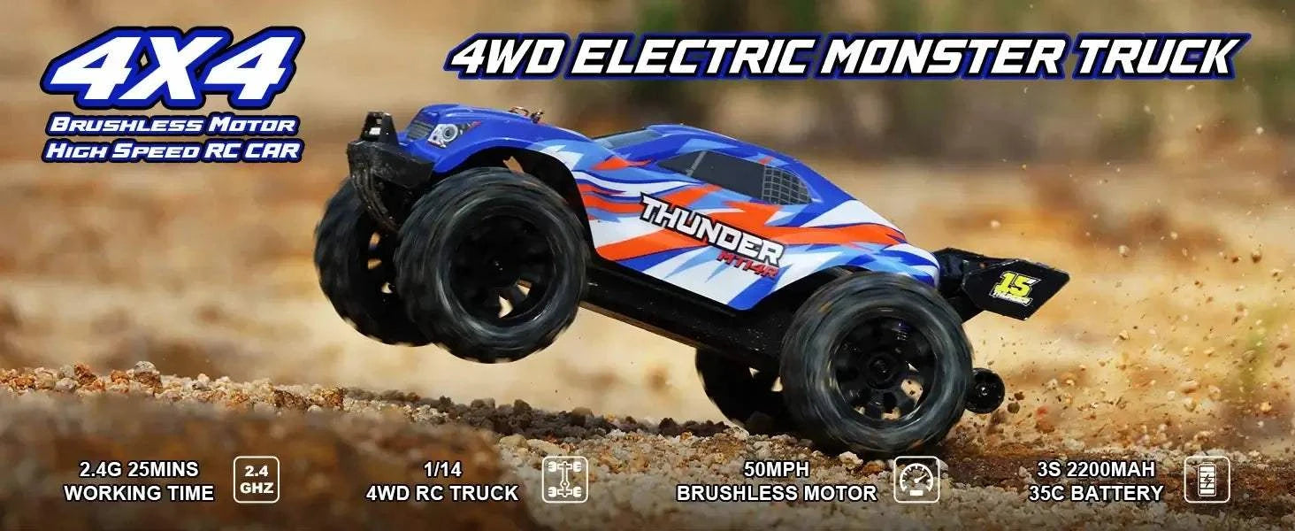 Lithium Battery RC Truck in action, showcasing its high-speed capabilities and durable design on rugged terrain.